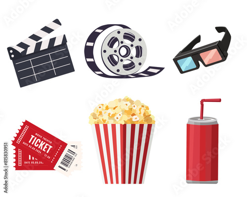 Movie theater icon set. Movie theater popcorn, movie theater clapper, 3d glasses, drink and movie theater tickets Vector, isolated on white background