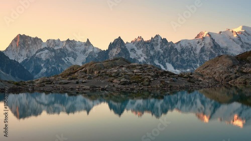 Landscape of Lac Blanc with Mont Blanc massif reflect on the lake among French Alps in the morning at Chamonix Mont Blanc