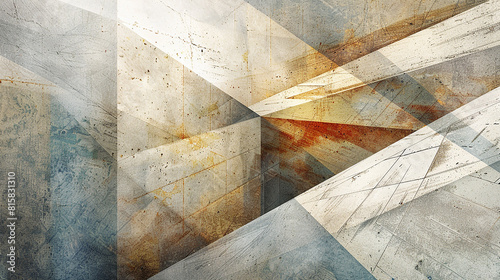 An abstract composition of intersecting planes and angles, rendered in vivid detail against a backdrop of textured surfaces and soft diffused light.