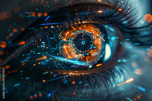 Futuristic cyborg eye with digital interface