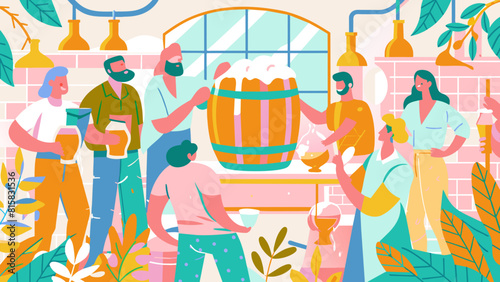 Vibrant Illustration of Diverse People Enjoying a Beer Tasting Event