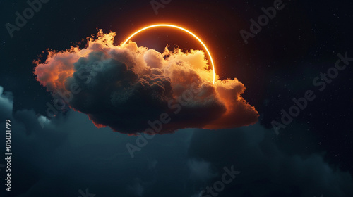 Surreal T3d render a?" glowing cloud with neon ring on black sky.