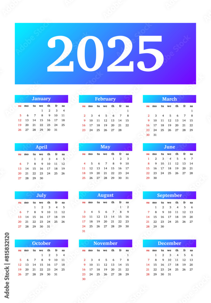 Calendar for 2025 isolated on a white background Calendar for 2025 isolated on a white background