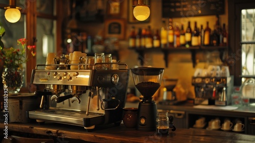 Coffee Machine And Grinder In A Rustic Cafe