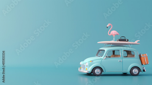 A car with luggage and a surfboard on top, blue background, a flamingo in the back of a toy car, minimalist style, copy space area, 3d render style