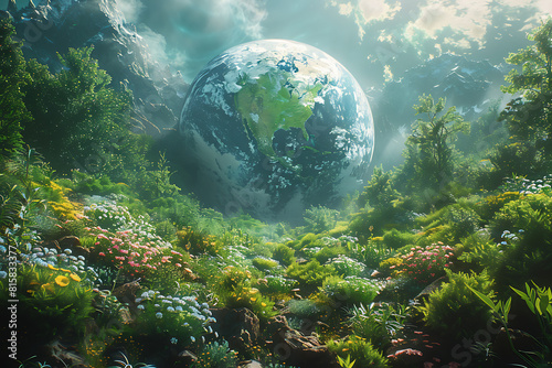 A vibrant blue and green eco Earth globe symbolizes environmental world protection and ecological conservation, promoting the message 