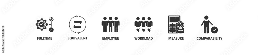 FTE banner web icon set vector illustration concept of full time equivalent with icon of full-time, equivalent, employee, workload, measure and comparability FTE banner web icon set vector illustration concept of full time equivalent with icon of full-time, equivalent, employee, workload, measure and comparability