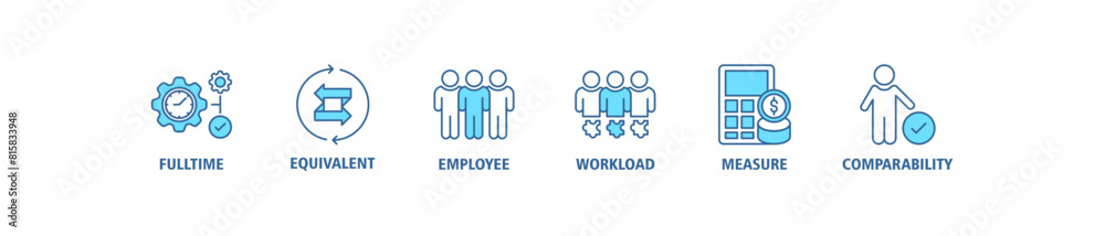 FTE banner web icon set vector illustration concept of full time equivalent with icon of full-time, equivalent, employee, workload, measure and comparability FTE banner web icon set vector illustration concept of full time equivalent with icon of full-time, equivalent, employee, workload, measure and comparability