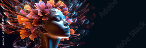 Creative Thinking, Mental Health.Female Profile With Rainbow Streaks. copy space/ Thinking female head. modern design illustration./ banner. copy space
