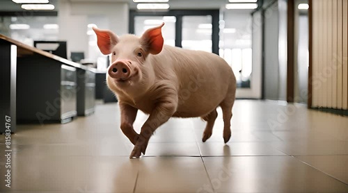 Schwein rennt durchs Büro Mitarbeiter versucht es zu fangen photo