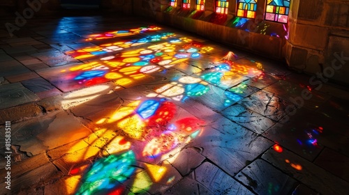 Colorful stained glass window reflection on the floor