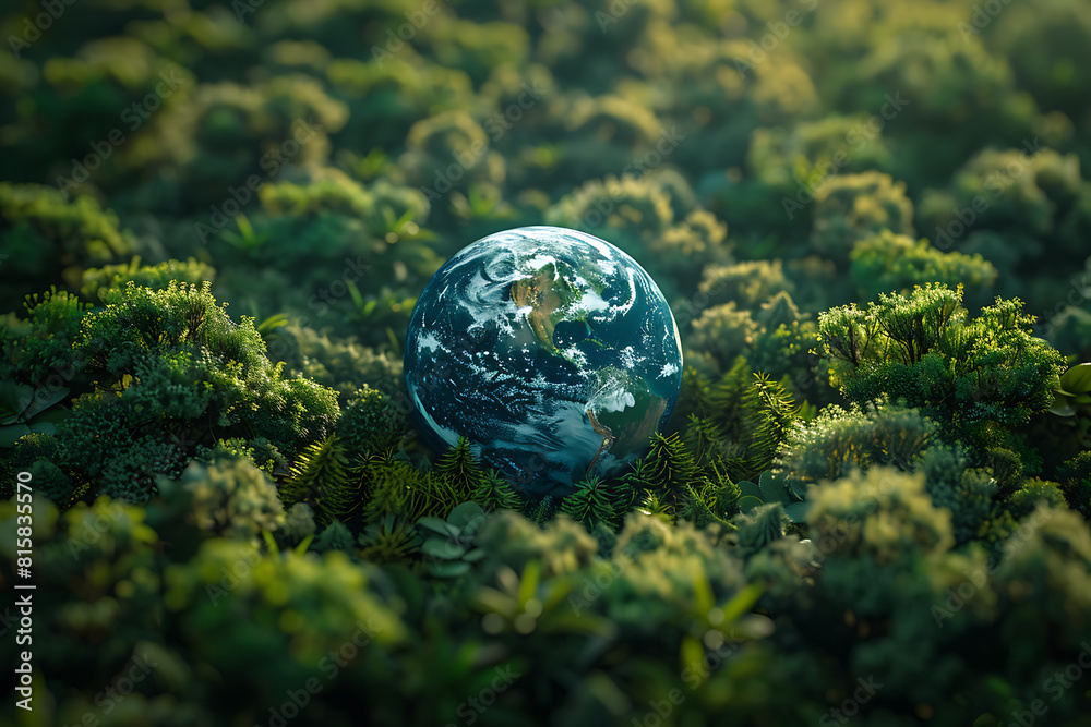 A vibrant blue and green Earth globe with lush vegetation, symbolizing environmental world protection, ecological conservation, and the message of A vibrant blue and green Earth globe with lush vegetation, symbolizing environmental world protection, ecological conservation, and the message of