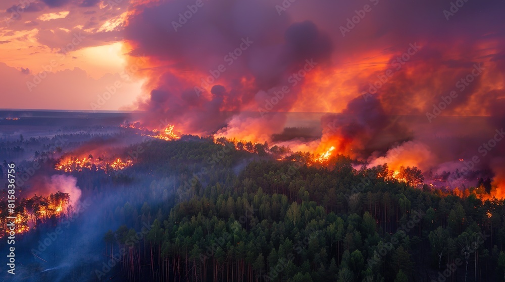 Fototapeta premium Forest fire, trees burn and smoke, view from above