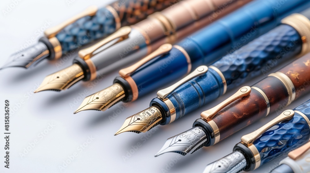 Various fountain pens in different colors neatly arranged in a row on a white surface Various fountain pens in different colors neatly arranged in a row on a white surface