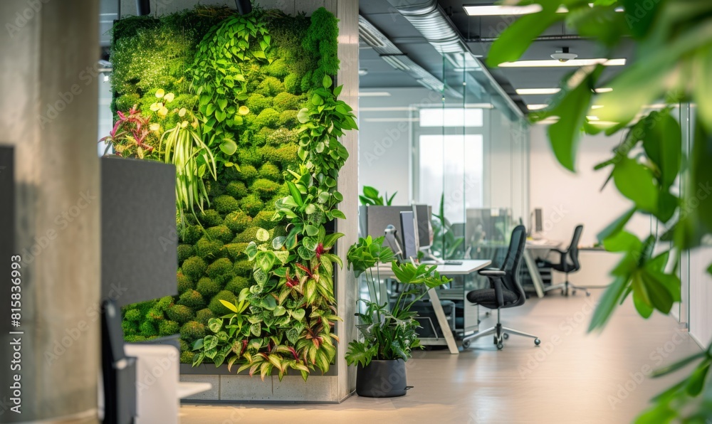inside of office lot computer and desk team with vertical garden on the wall. eco green work sustainable photo concept.
