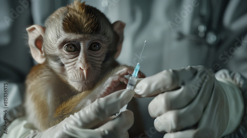 An unknown drug is being tested on a small monkey. Animal tests. The monkey is being held by a man in a white lab coat photo