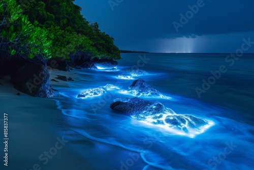 Phosphorescent Bioluminescence maldives water rocks. Sea nature. Generate Ai