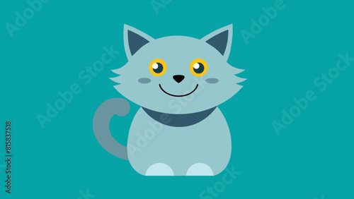 Cheerful grey cartoon cat with bright yellow eyes, sporting a friendly smile, sits against a solid teal background. Perfect for children's illustrations and pet-themed designs © Enigma