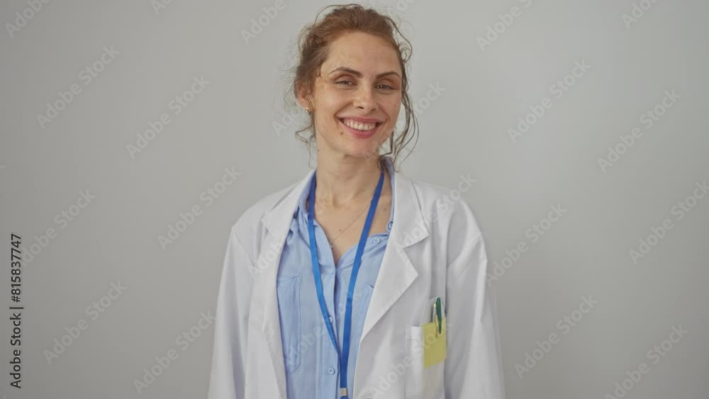 Cheery young caucasian woman, wearing a doctor's coat, beams a confident smile with healthy teeth, illustrating joy and success. casual portrait over an isolated white background. Cheery young caucasian woman, wearing a doctor's coat, beams a confident smile with healthy teeth, illustrating joy and success. casual portrait over an isolated white background.