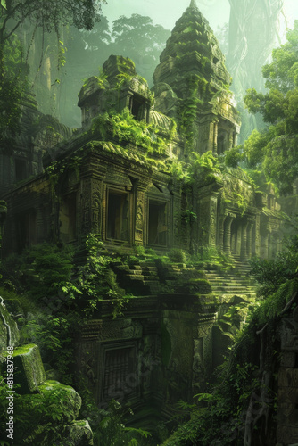 Majestic ancient ruins rising from the heart of a verdant jungle, with moss-covered stones, intricate carvings, and towering temple spires. © grey