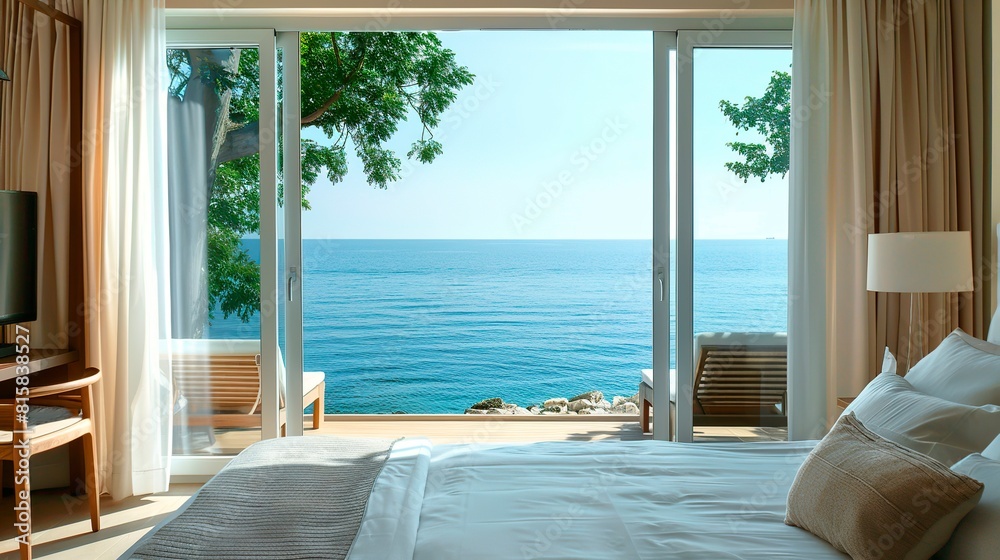Fototapeta premium Comfortable bedroom with sea view in a modern hotel. Vacation and tourism concept