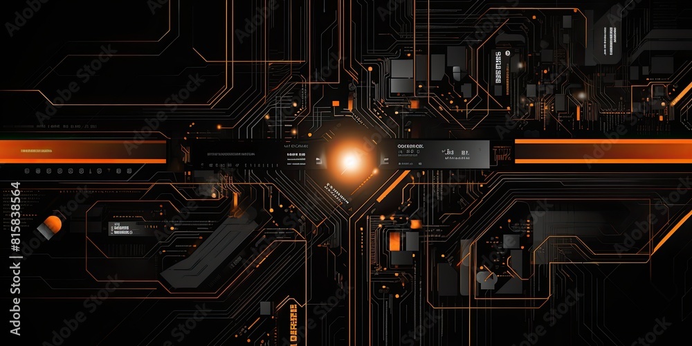 Fototapeta premium Computer Circuit Board Design in Black and Orange with Lines and Dots