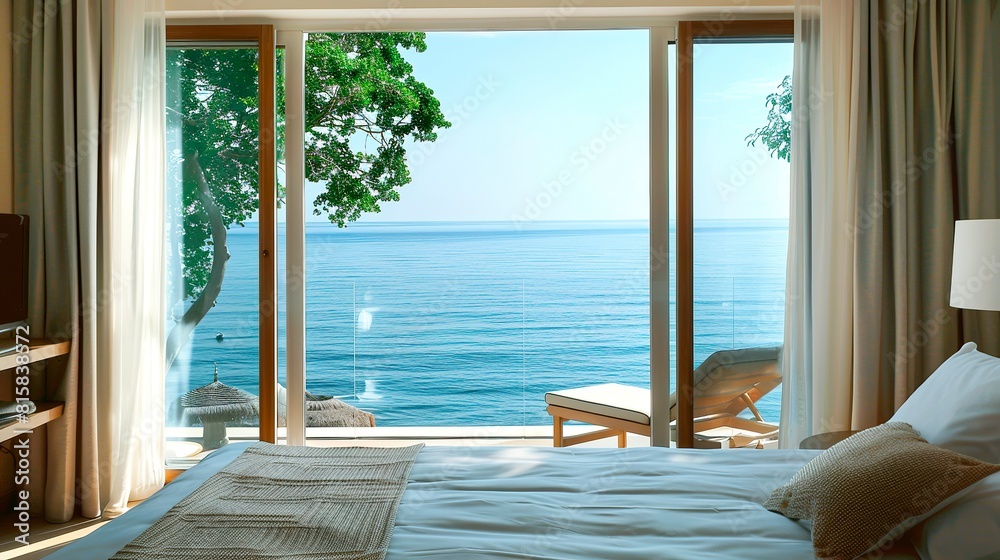 Fototapeta premium Comfortable bedroom with sea view in a modern hotel. Vacation and tourism concept