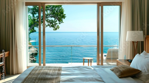 Comfortable bedroom with sea view in a modern hotel. Vacation and tourism concept