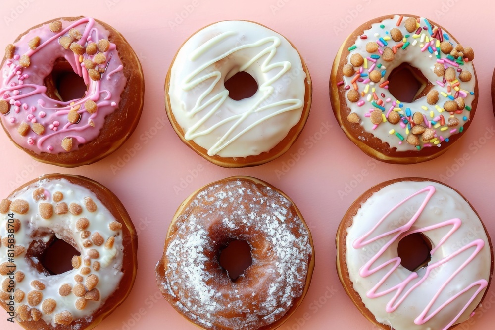 Close-up of a variety of glazed donuts on a cooling rack, decorated with pink and white icing and colorful sprinkles, perfect for National Donut Day celebrations Close-up of a variety of glazed donuts on a cooling rack, decorated with pink and white icing and colorful sprinkles, perfect for National Donut Day celebrations