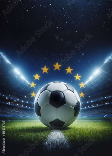 soccer ball in a stadium at night with europe union stars; photo realistic illustration