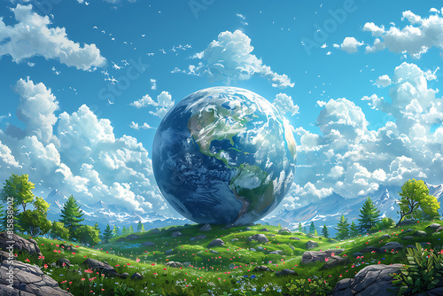 A vibrant blue and green eco Earth globe symbolizes environmental world protection, ecological conservation, and the urgent message of "Save the Planet" celebrated on Earth Day © Evhen Pylypchuk