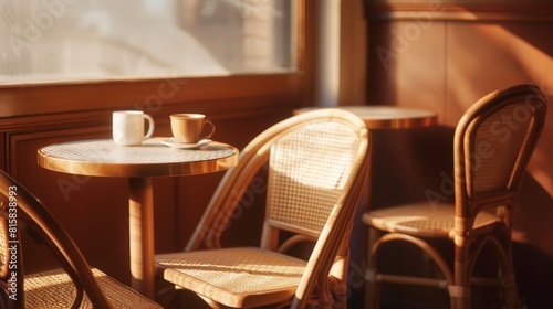 Cozy Cafe Interior With Sunlight And Coffee Cups