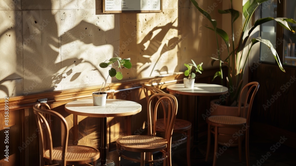 Cozy Cafe Interior With Sunlight And Plants