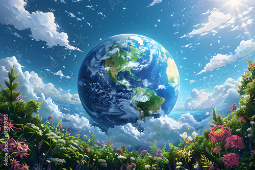 A vibrant blue and green Earth globe with lush vegetation  symbolizing environmental world protection  ecological conservation  and the message of  Save the Planet  for Earth Day