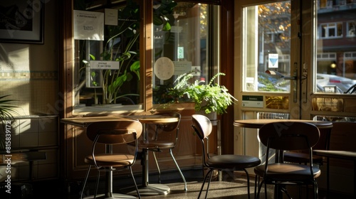 Cozy Cafe Interior With Sunlight And Plants