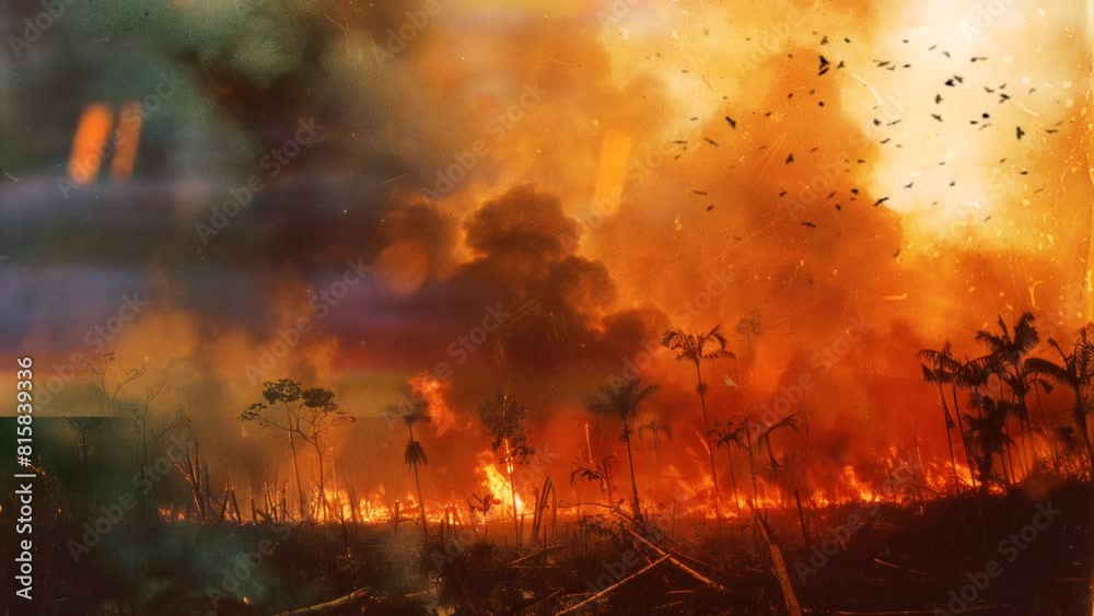 Flames burning in field with trees, birds flying. Dramatic, fiery nature scene perfect for environmental and ecological concepts. Flames burning in field with trees, birds flying. Dramatic, fiery nature scene perfect for environmental and ecological concepts.