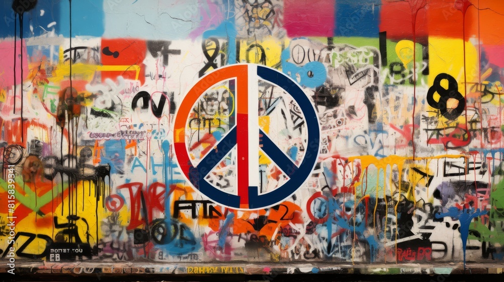 Fototapeta premium Bold Anti-War Statement: Symbol of Peace Amidst Graffiti Art. In the midst of a graffiti wall adorned with colorful blocks of paint, a striking anti-war symbol is painted prominently in the center.