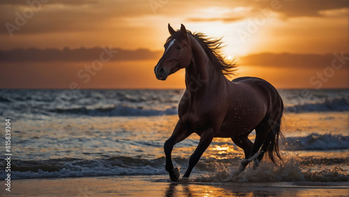 Majestic Brown Stallion  Silhouette Against the Sunset on Sandy Beach