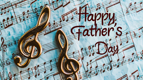 A Father's Day post template with two musical notes, a smaller note giving a clef symbol to a larger note. The background is a sheet music page, with 
