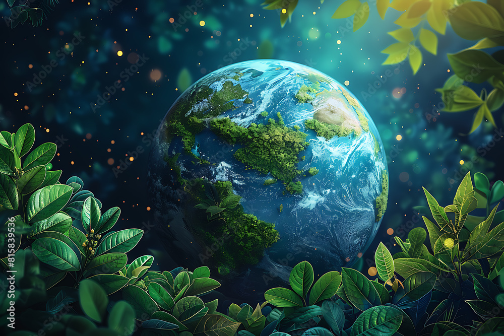 A vibrant blue and green Earth globe with lush vegetation, symbolizing environmental world protection, ecological conservation, and the message of 