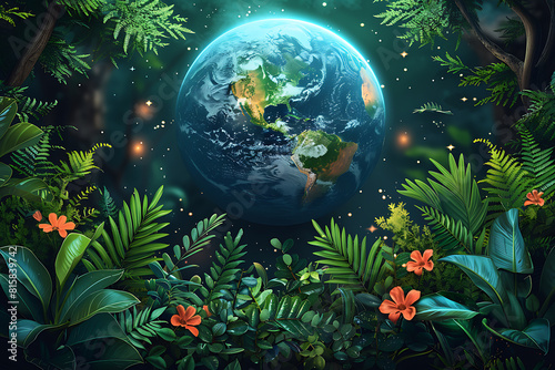 A vibrant blue and green Earth globe with lush vegetation  symbolizing environmental world protection  ecological conservation  and the message of  Save the Planet  for Earth Day