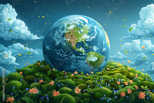 A vibrant blue and green Earth globe with lush vegetation, symbolizing environmental world protection, ecological conservation, and the message of "Save the Planet" for Earth Day