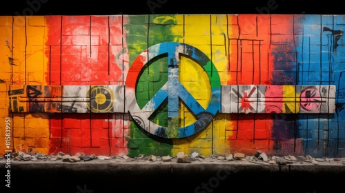 Bold Anti-War Statement: Symbol of Peace Amidst Graffiti Art. In the midst of a graffiti wall adorned with colorful blocks of paint, a striking anti-war symbol is painted prominently in the center. 