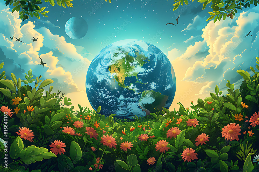 A vibrant blue and green Earth globe with lush vegetation, symbolizing environmental world protection, ecological conservation, and the message of 