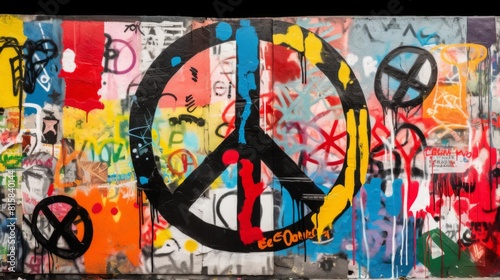Bold Anti-War Statement: Symbol of Peace Amidst Graffiti Art. In the midst of a graffiti wall adorned with colorful blocks of paint, a striking anti-war symbol is painted prominently in the center. 