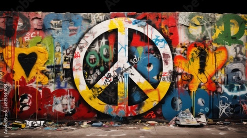 Bold Anti-War Statement: Symbol of Peace Amidst Graffiti Art. In the midst of a graffiti wall adorned with colorful blocks of paint, a striking anti-war symbol is painted prominently in the center. 