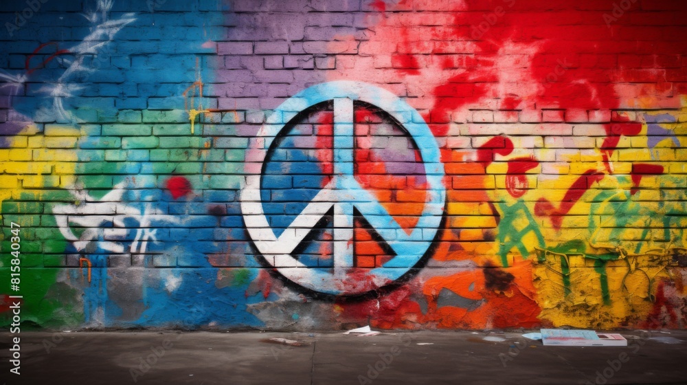 Fototapeta premium Bold Anti-War Statement: Symbol of Peace Amidst Graffiti Art. In the midst of a graffiti wall adorned with colorful blocks of paint, a striking anti-war symbol is painted prominently in the center. 