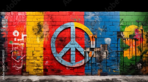 Bold Anti-War Statement: Symbol of Peace Amidst Graffiti Art. In the midst of a graffiti wall adorned with colorful blocks of paint, a striking anti-war symbol is painted prominently in the center. 