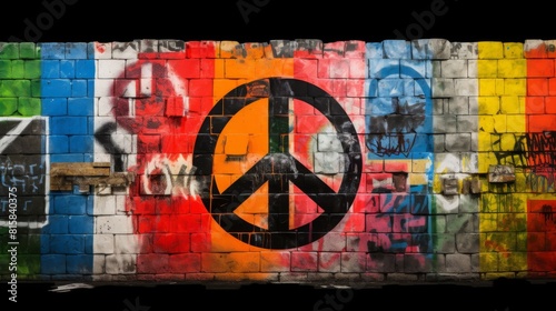 Bold Anti-War Statement: Symbol of Peace Amidst Graffiti Art. In the midst of a graffiti wall adorned with colorful blocks of paint, a striking anti-war symbol is painted prominently in the center. 
