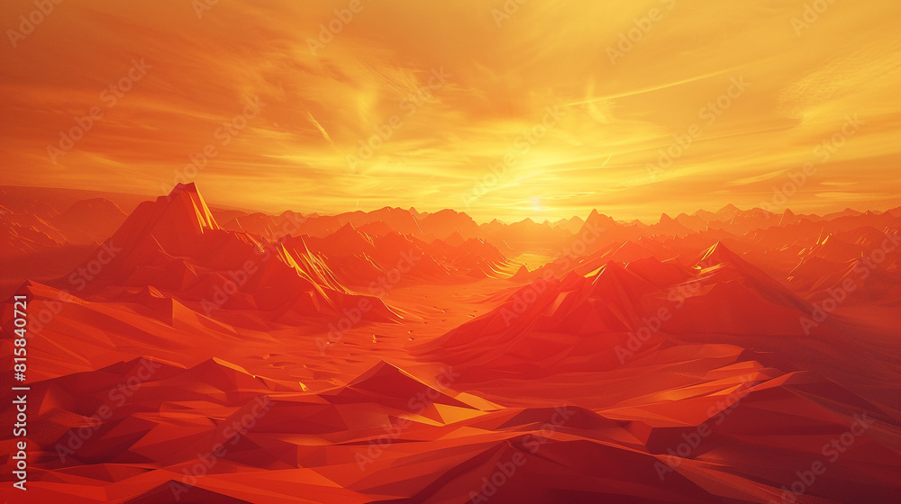 Warm orange and red angular forms evoke a fiery desert sunset.